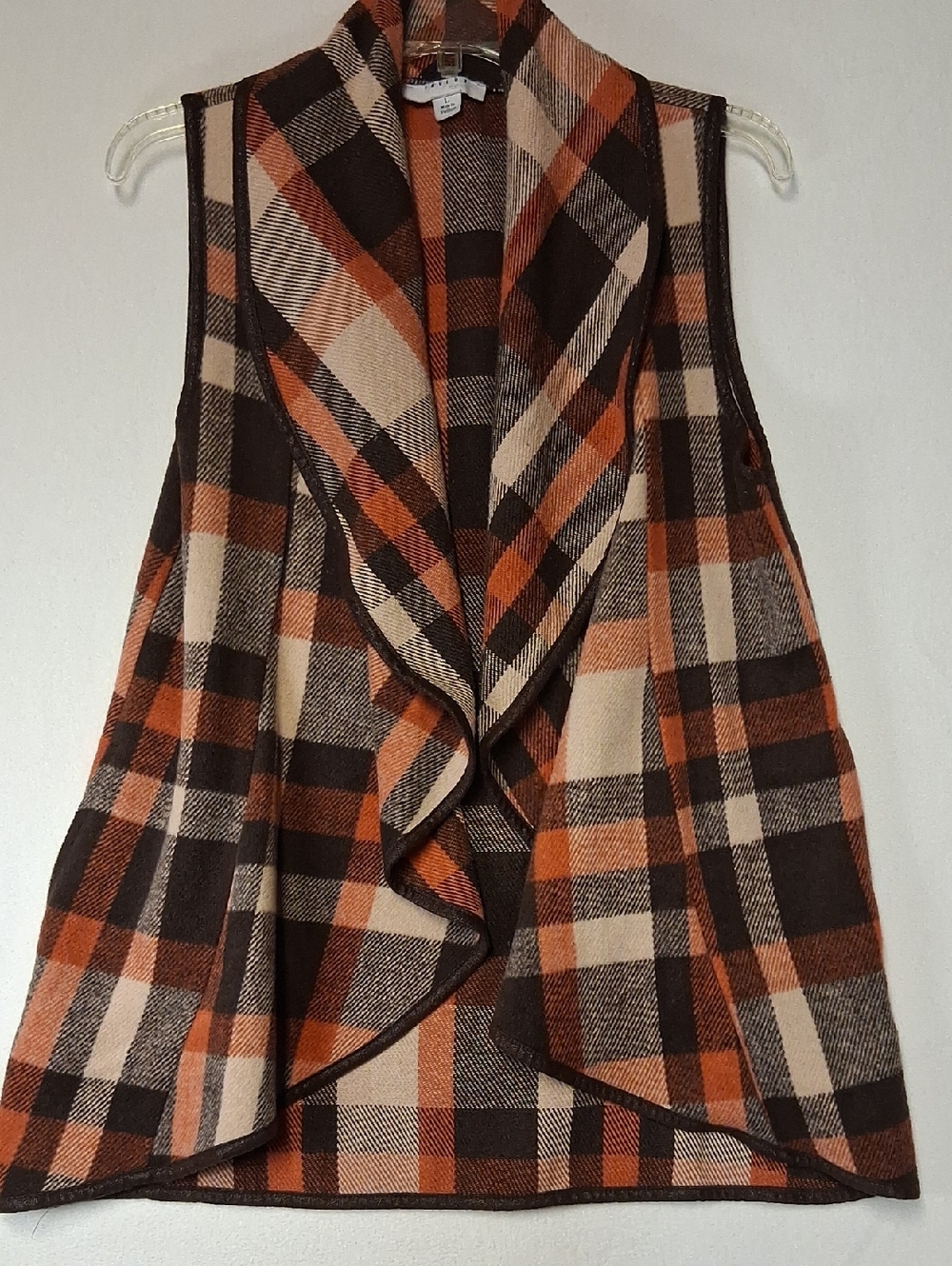 FAVLUX Plaid Open-Front Vest in Brown, Orange, Cream 2 Side Pockets.Open Or Belt